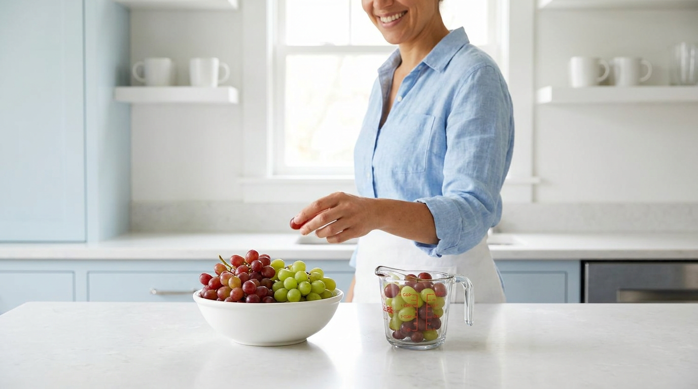 Red and green seedless grapes in a bowl next to a measuring cup filled with grapes