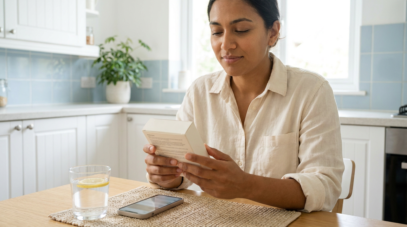 Adult reading the ingredient list on an unbranded box of GLP-1 patches at a kitchen table