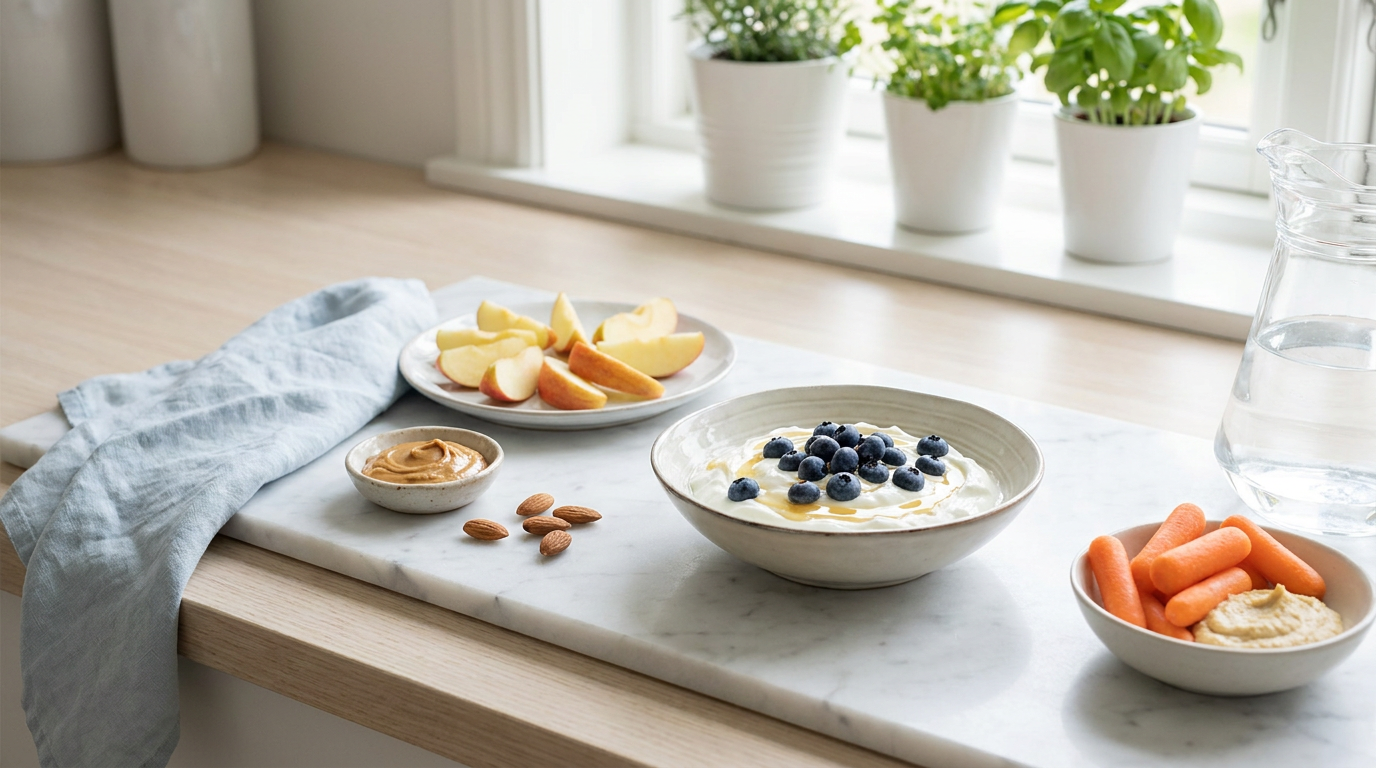 Healthy snacks on a kitchen counter: Greek yogurt with blueberries, apple slices with peanut butter, almonds, and baby carrots with hummus