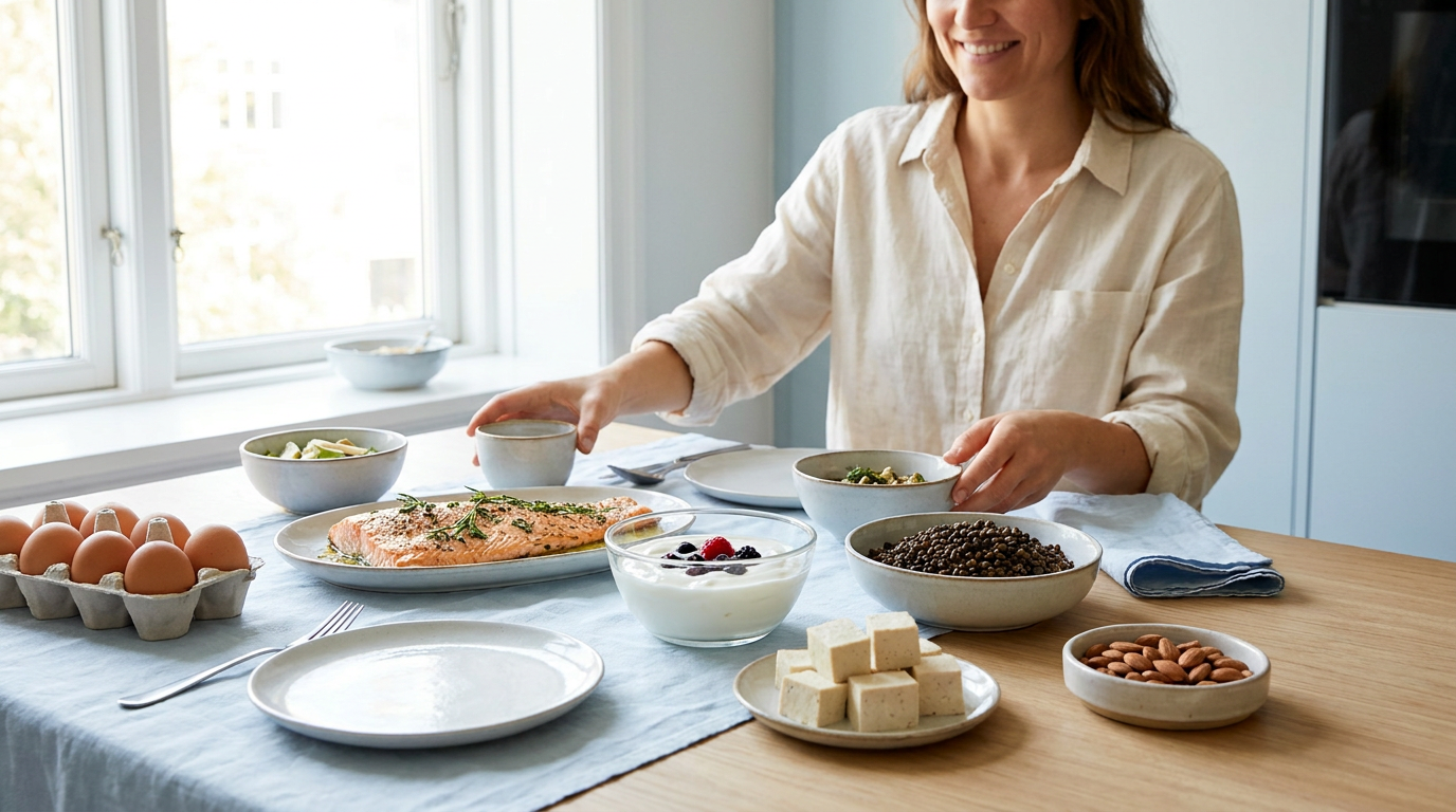 High-protein foods on a kitchen table, including eggs, salmon, Greek yogurt, lentils, tofu and almonds