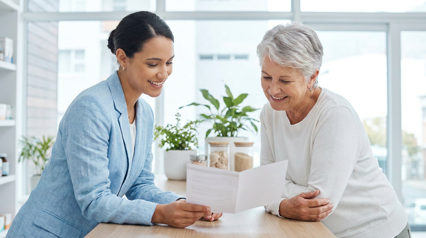 Pharmacist explaining Jardiance side effects to an older adult at a pharmacy counter