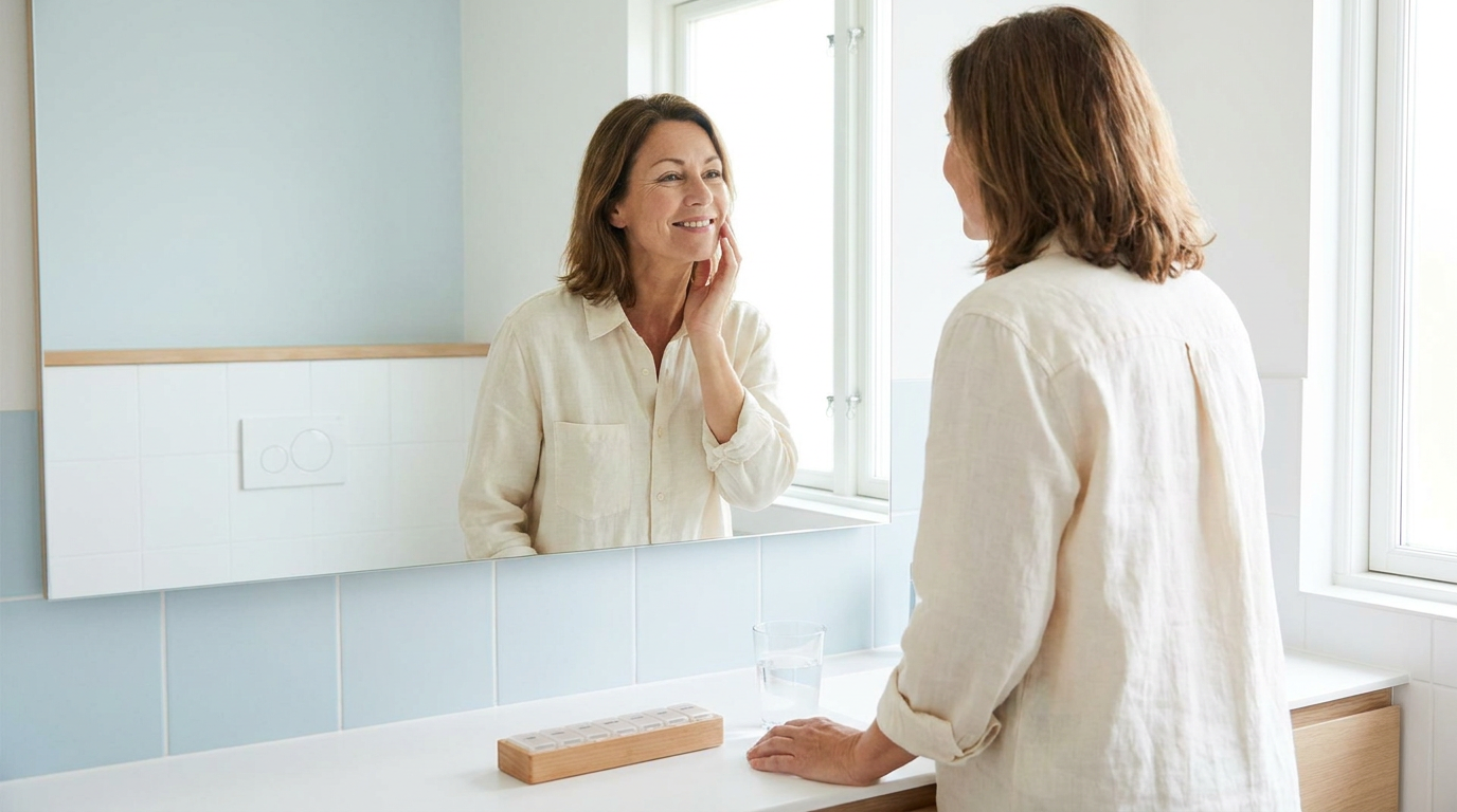 Woman in her 50s looking at her cheek in a bathroom mirror
