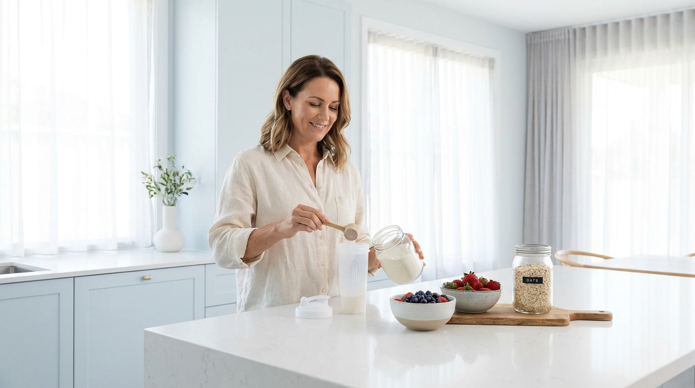 Adult adding a scoop of protein powder to a shaker bottle on a kitchen counter next to berries and oats