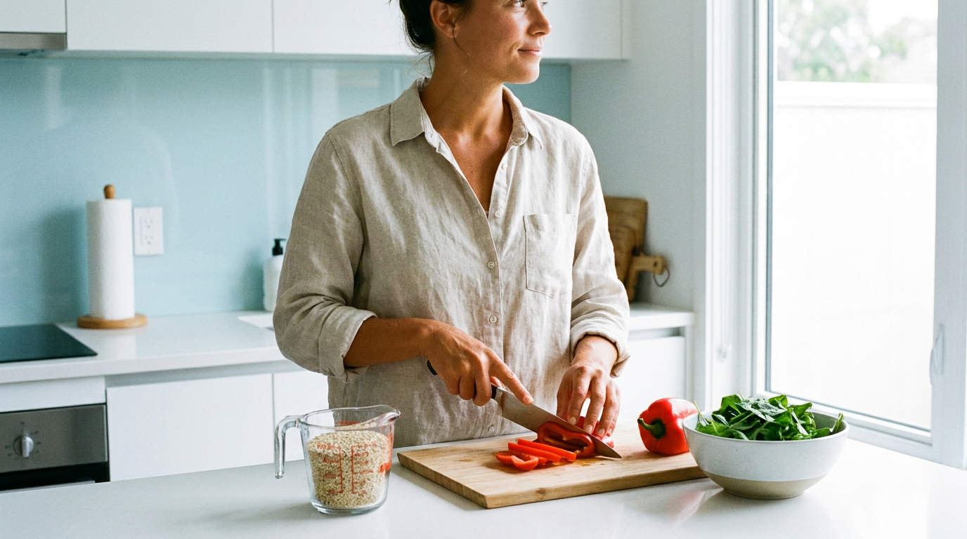 An adult preparing a balanced meal at a kitchen counter