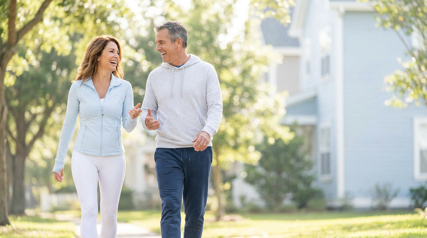 Two middle-aged adults walking together on a tree-lined path on a sunny morning