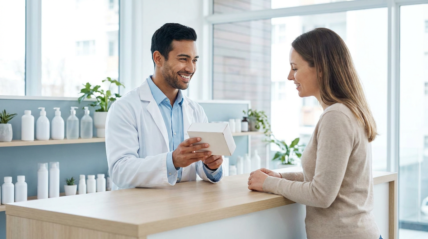 A pharmacist explains a prescription to an adult customer at a pharmacy counter