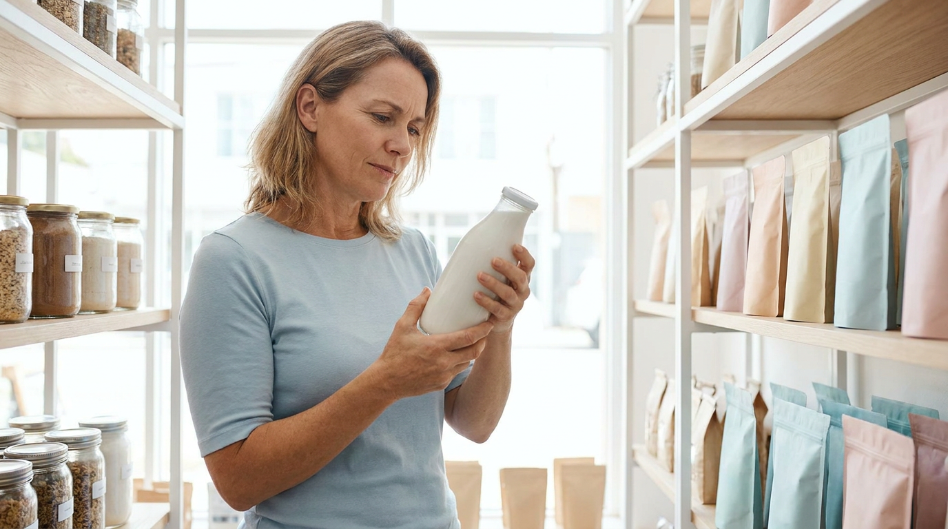 An adult reading the label on an unbranded supplement bottle in a shop aisle