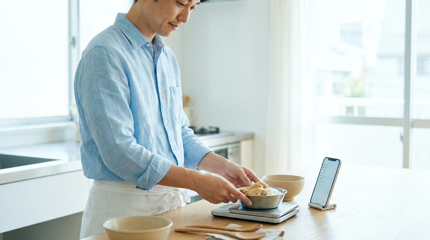 An adult weighing food on a kitchen scale while logging it on a phone