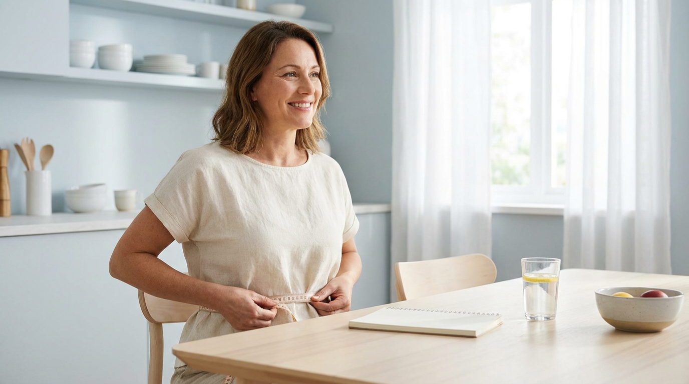 Woman in her 40s measuring her waist with a soft tape measure at her kitchen table