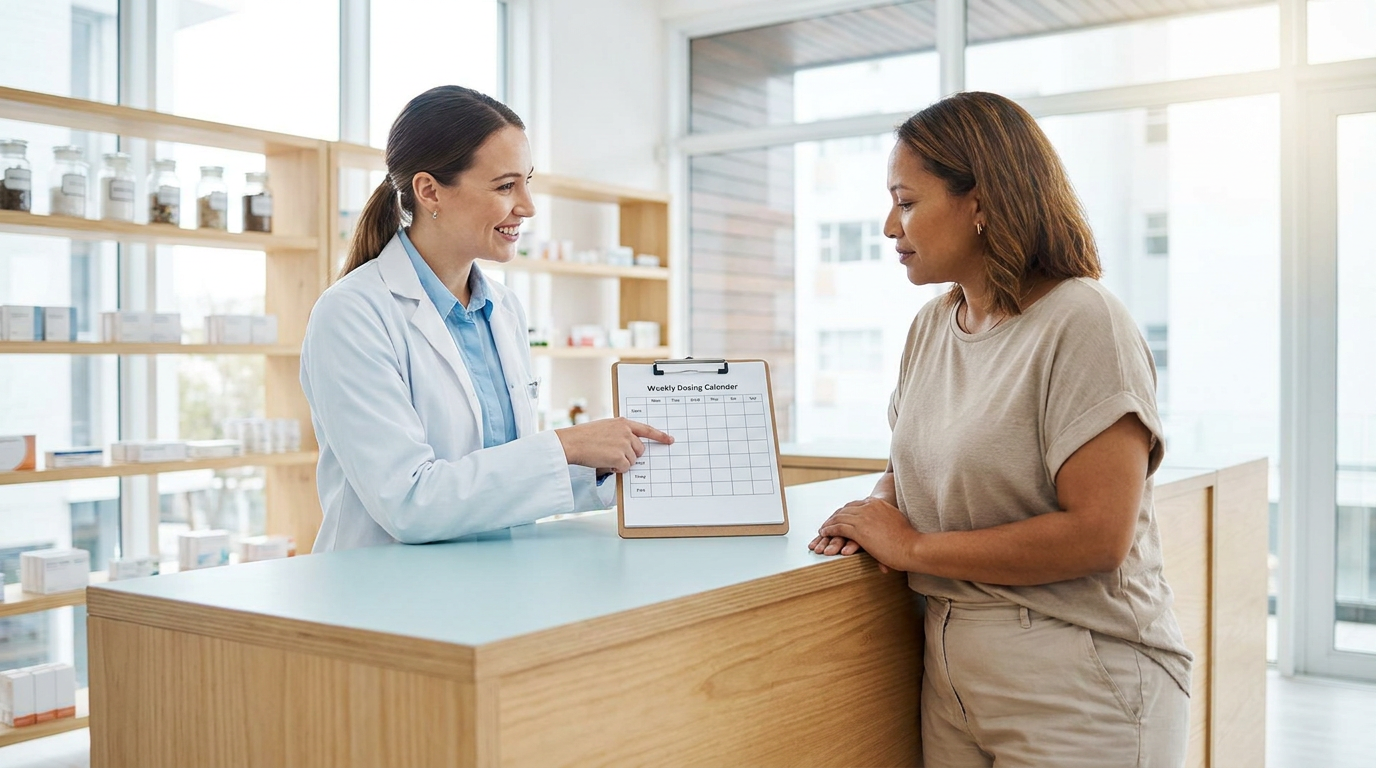 Pharmacist reviewing a tirzepatide dosage chart with an adult at a pharmacy counter