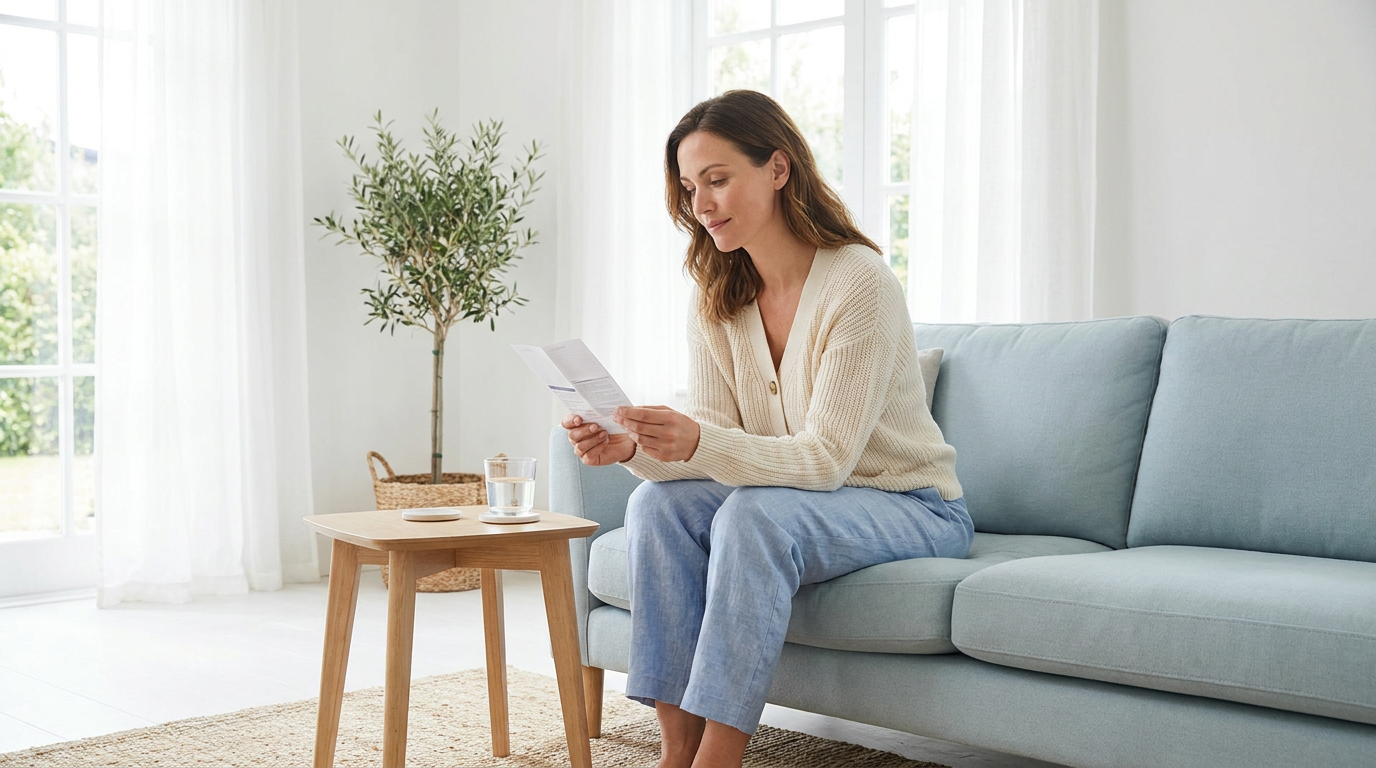 A woman reading a pharmacy information leaflet at home