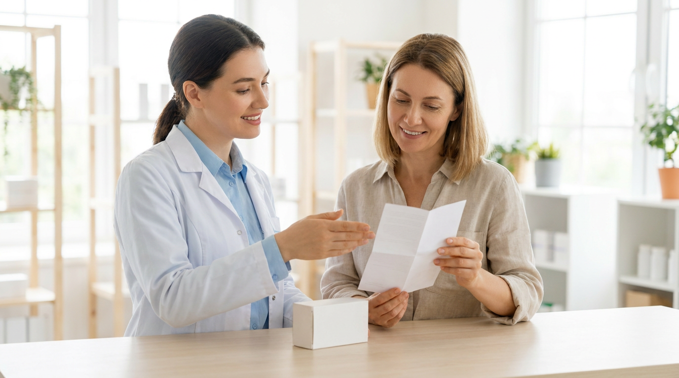 A pharmacist explaining how to use an injection pen to an adult at a pharmacy counter